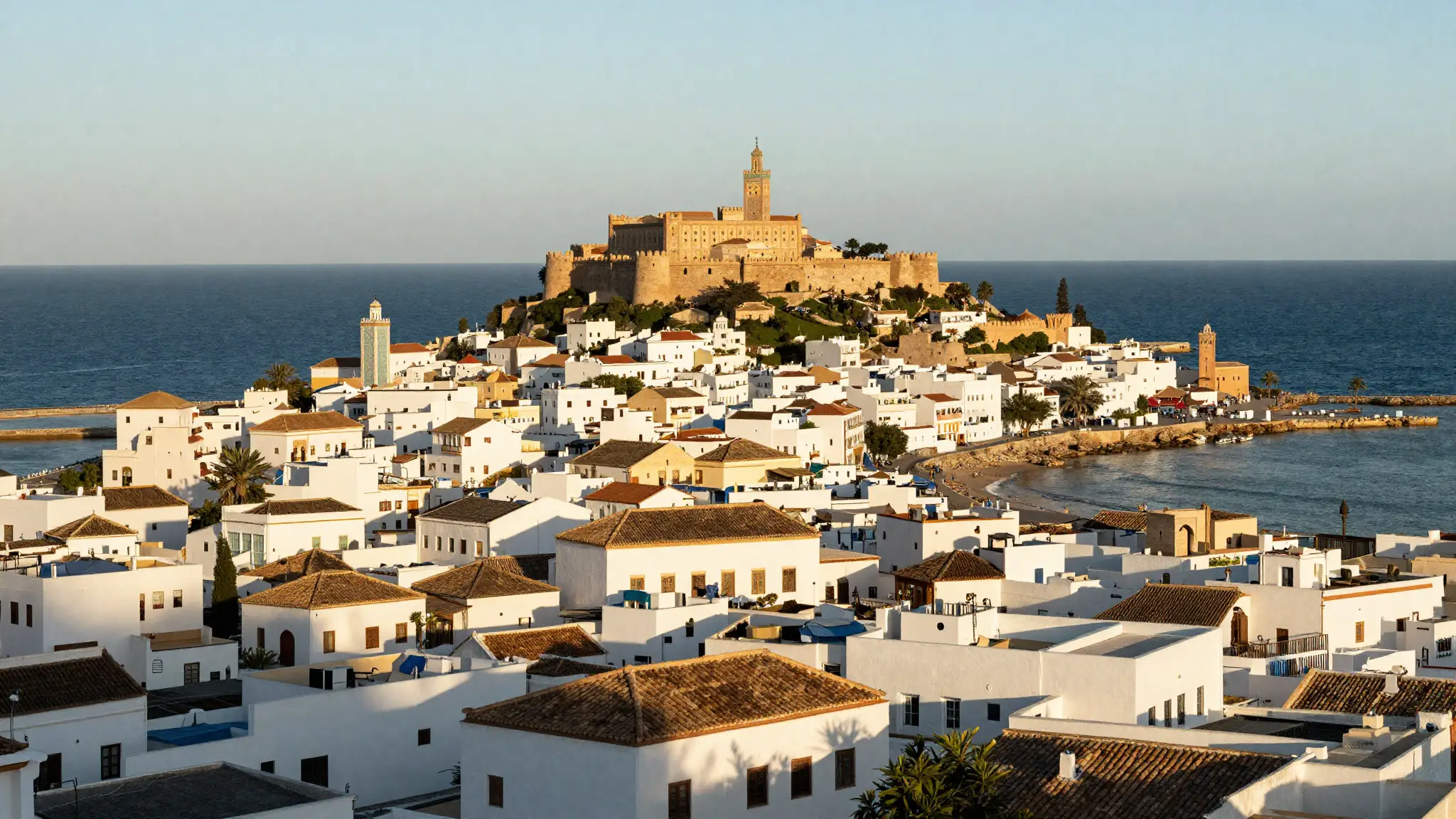 إطلالة بانورامية على مدينة طنجة المغربية ومدينتها العتيقة البيضاء المطلة على مضيق جبل طارق عند الغروب